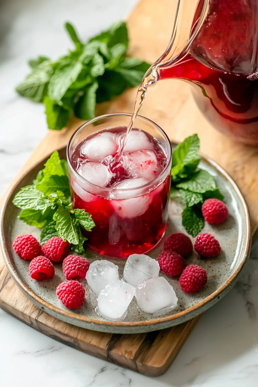 A glass of refreshing raspberry iced tea with fresh raspberries and mint leaves