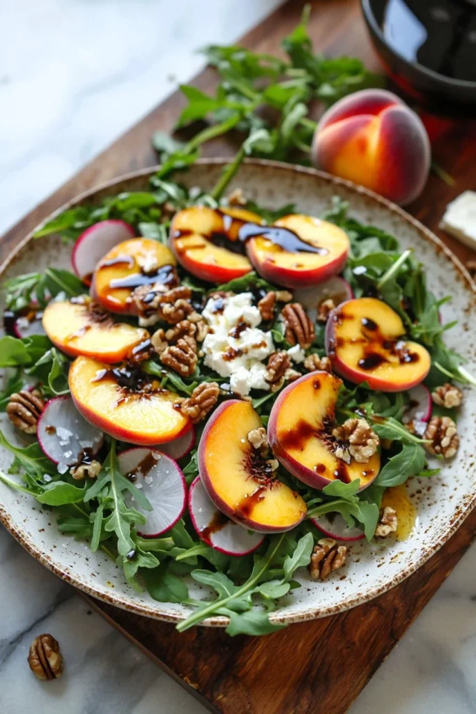 Refreshing summer peach salad with juicy peaches and fresh greens.