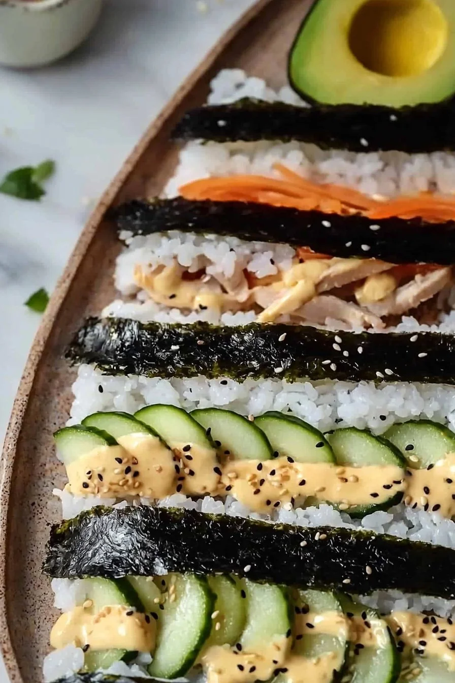 Delicious rice ball sandwich filled with fresh ingredients and wrapped in nori