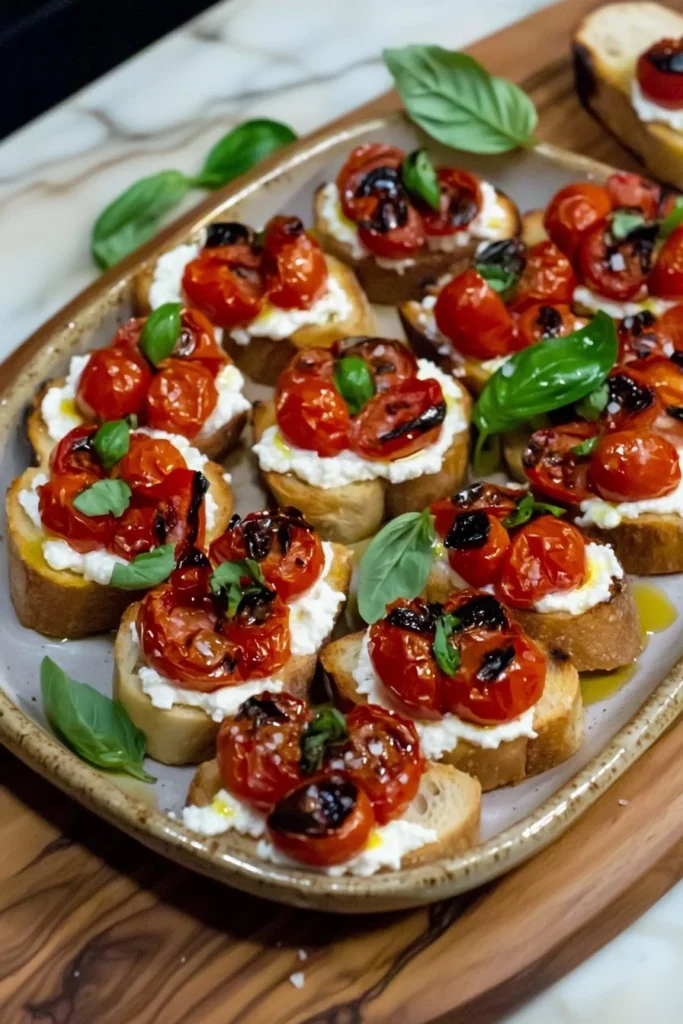 Ricotta bruschetta topped with roasted tomatoes on a wooden platter.