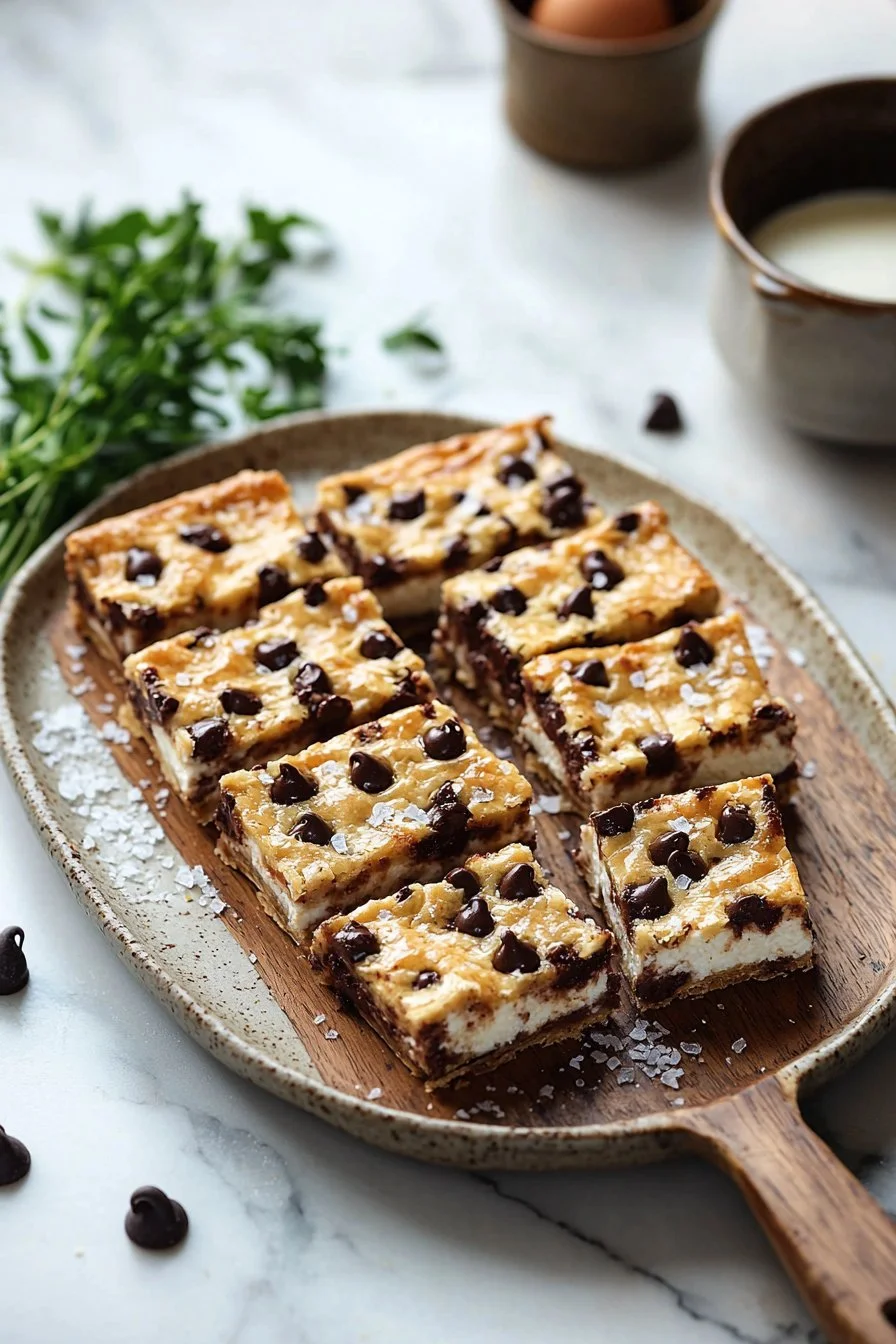 Delicious ricotta chocolate chip pastry bars on a plate.