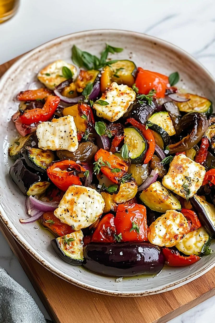 Plate of roasted Mediterranean vegetables and halloumi cheese