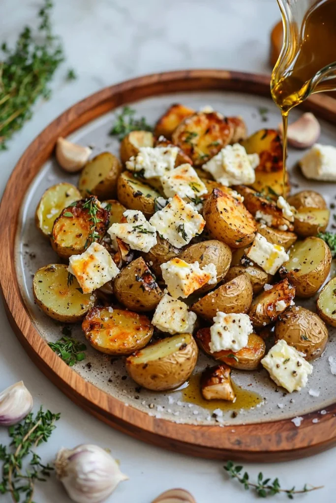 Baked feta and garlic roasted potatoes on a serving dish