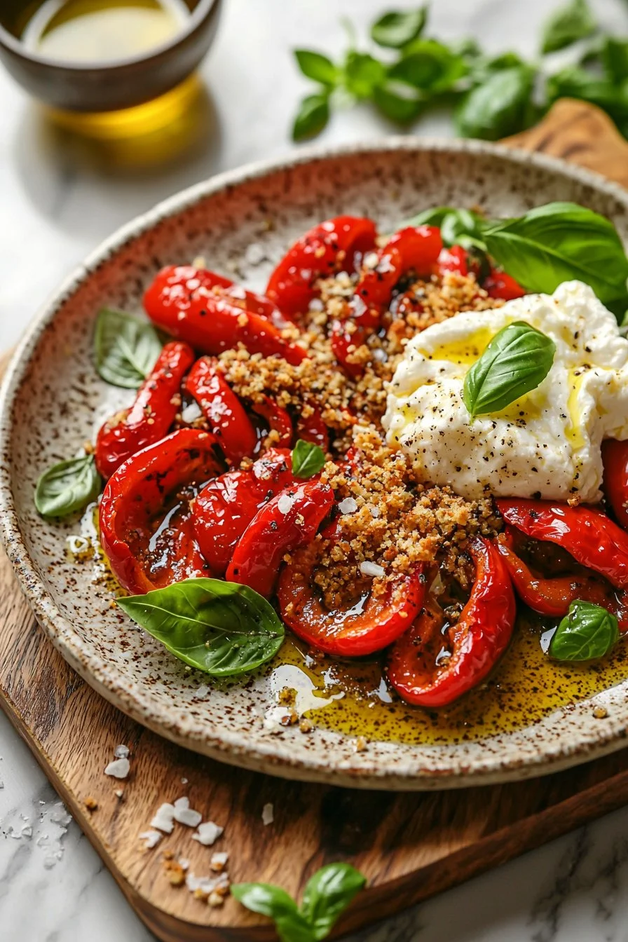 Roasted red peppers topped with burrata cheese and crispy breadcrumbs