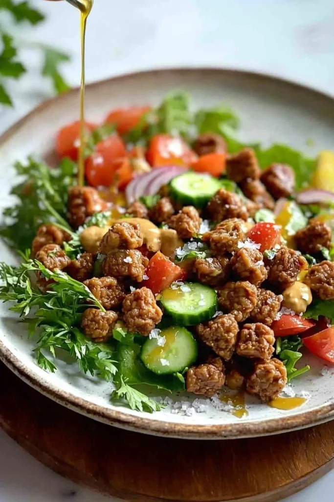 Delicious roasted soya chunks salad with colorful vegetables and dressing