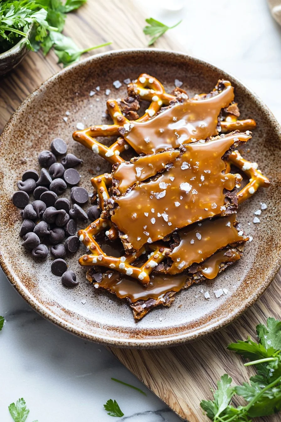 Delicious salted caramel pretzel bark topped with chocolate and sea salt.