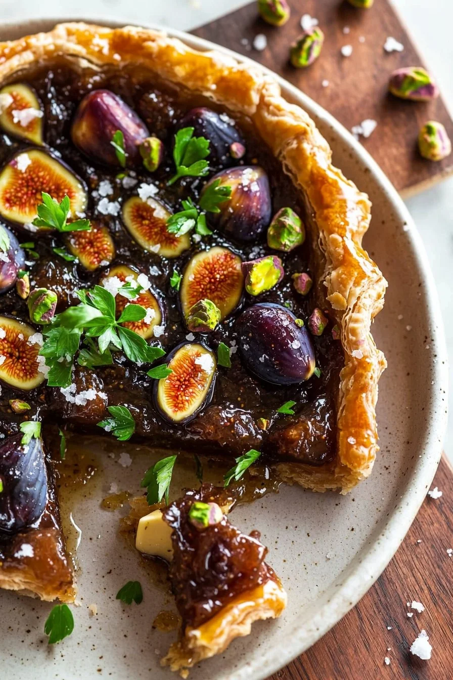 Delicious Salted Honey and Pistachio Fig Tarte Tatin dessert