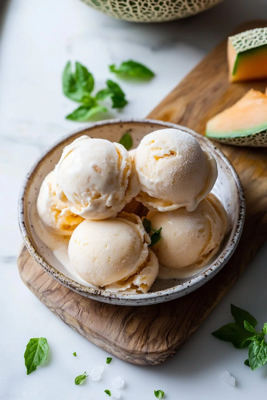 Delicious sea salt cantaloupe ice cream served in a bowl