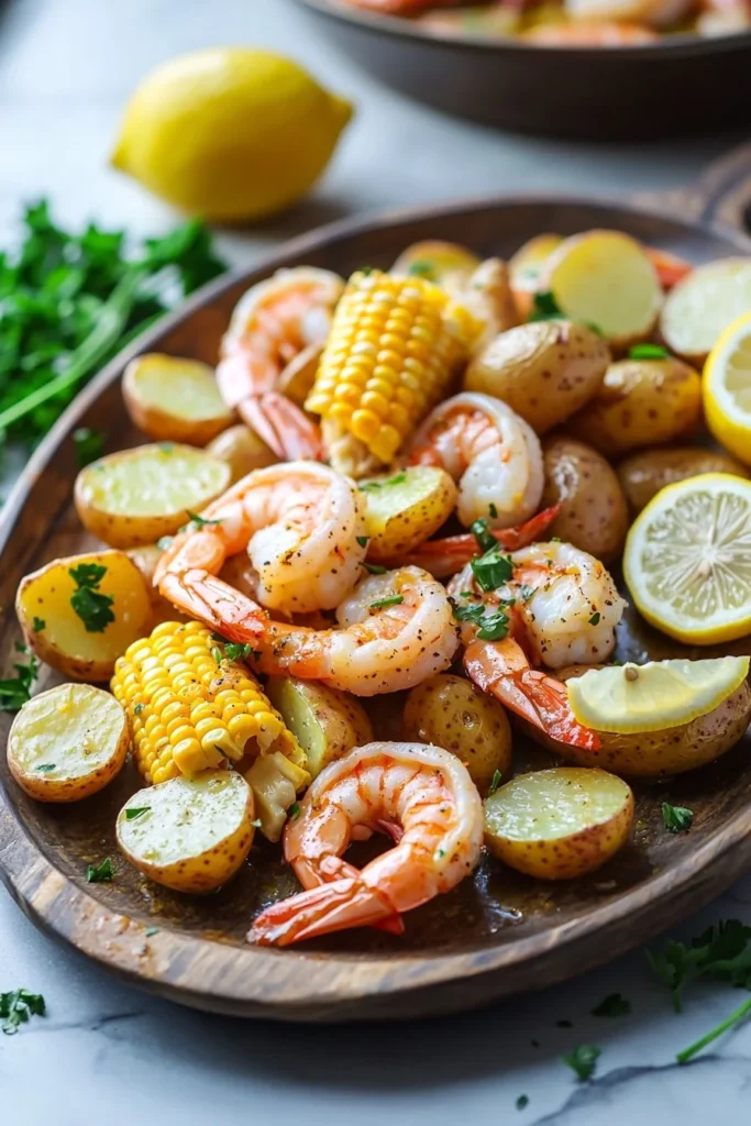 Shrimp boil sheet pan dinner featuring shrimp, corn, and potatoes cooked together.