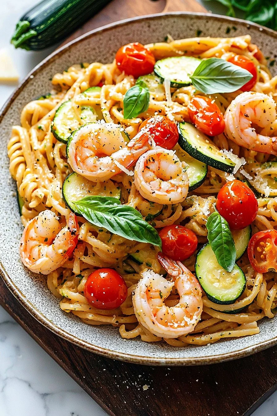 Shrimp pasta dish with tomato and zucchini, garnished and ready to serve