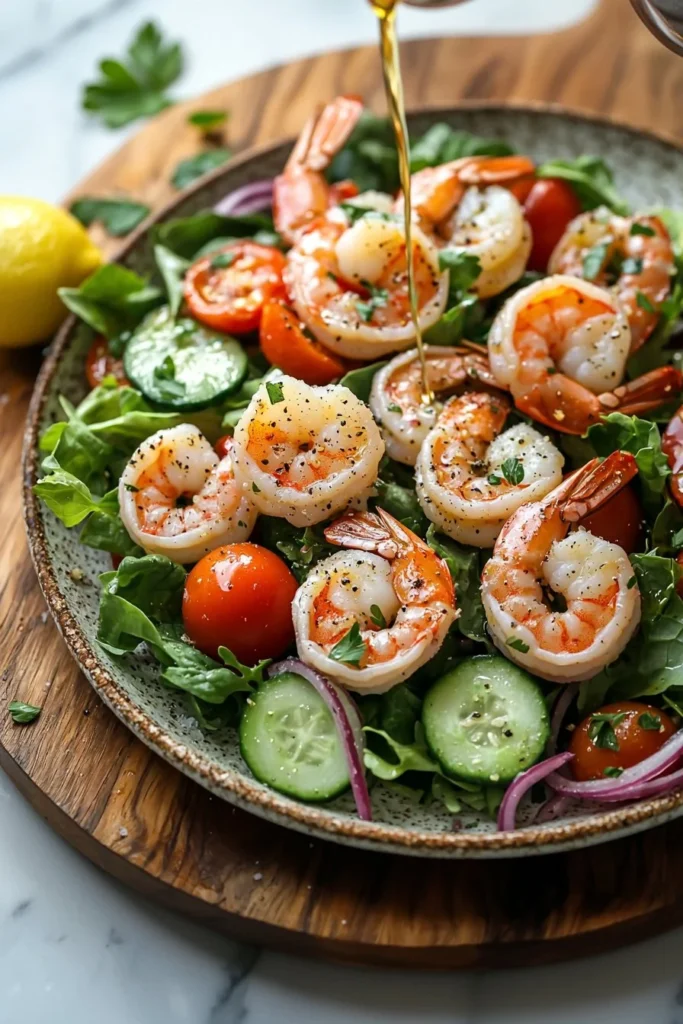 Fresh shrimp salad with mixed greens and colorful vegetables