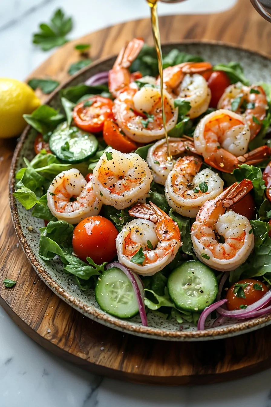 Fresh shrimp salad with mixed greens and colorful vegetables