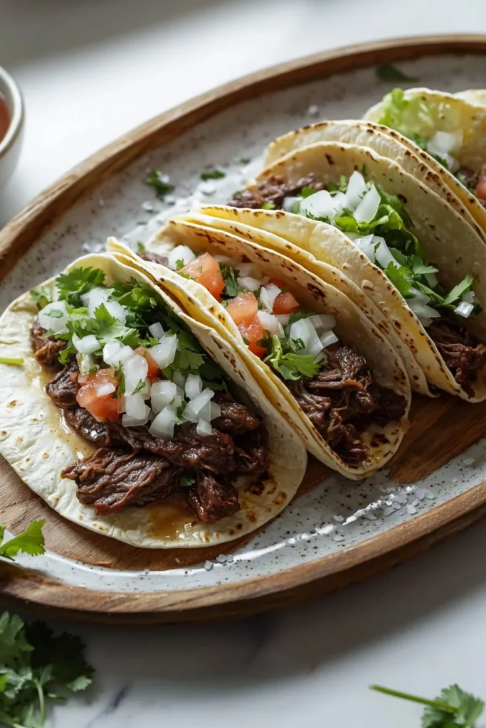Delicious slow-cooked beef tacos served with fresh toppings