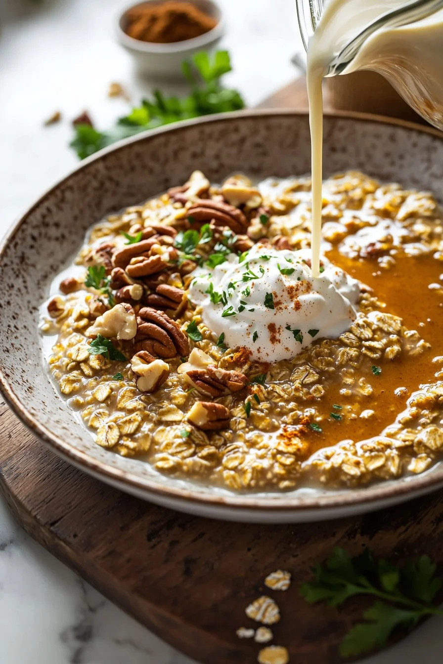Bowl of slow cooker pumpkin pie oatmeal topped with spices and pumpkin seeds
