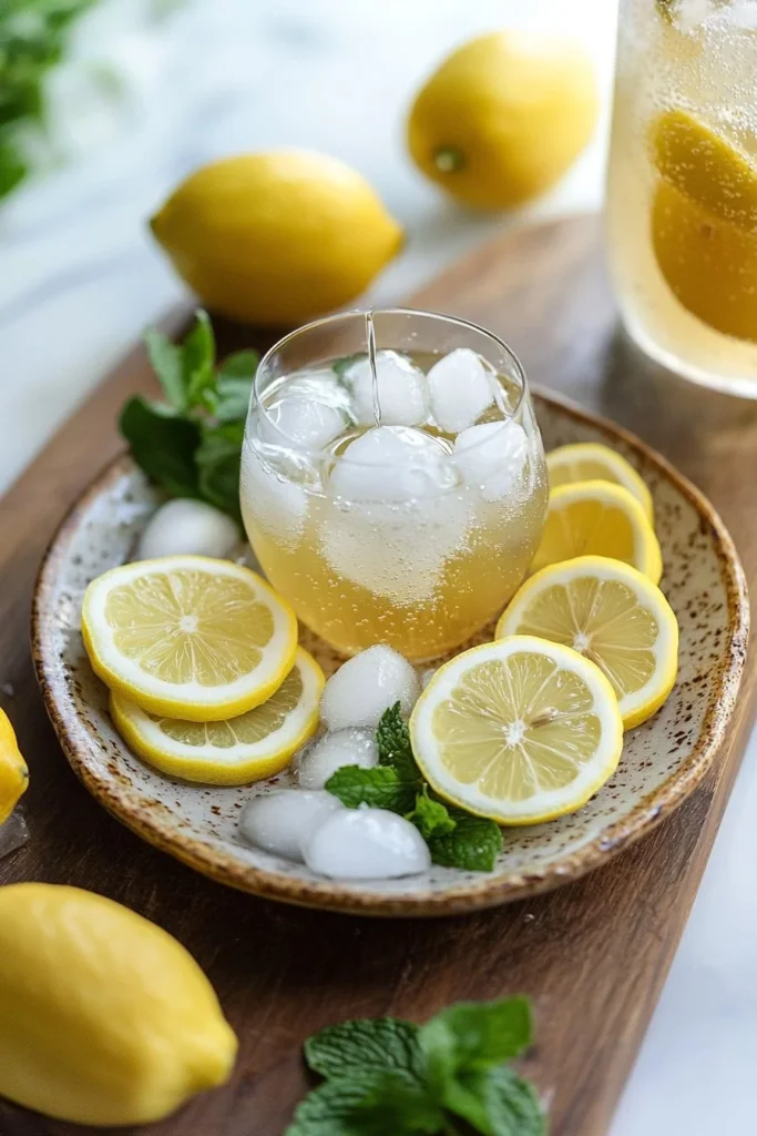 Refreshing sparkling lemonade punch in a glass with a slice of lemon