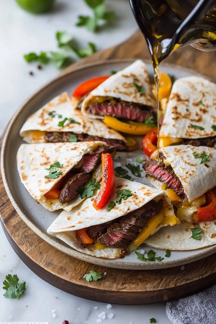 Delicious steak fajita quesadillas filled with steak, peppers, and cheese
