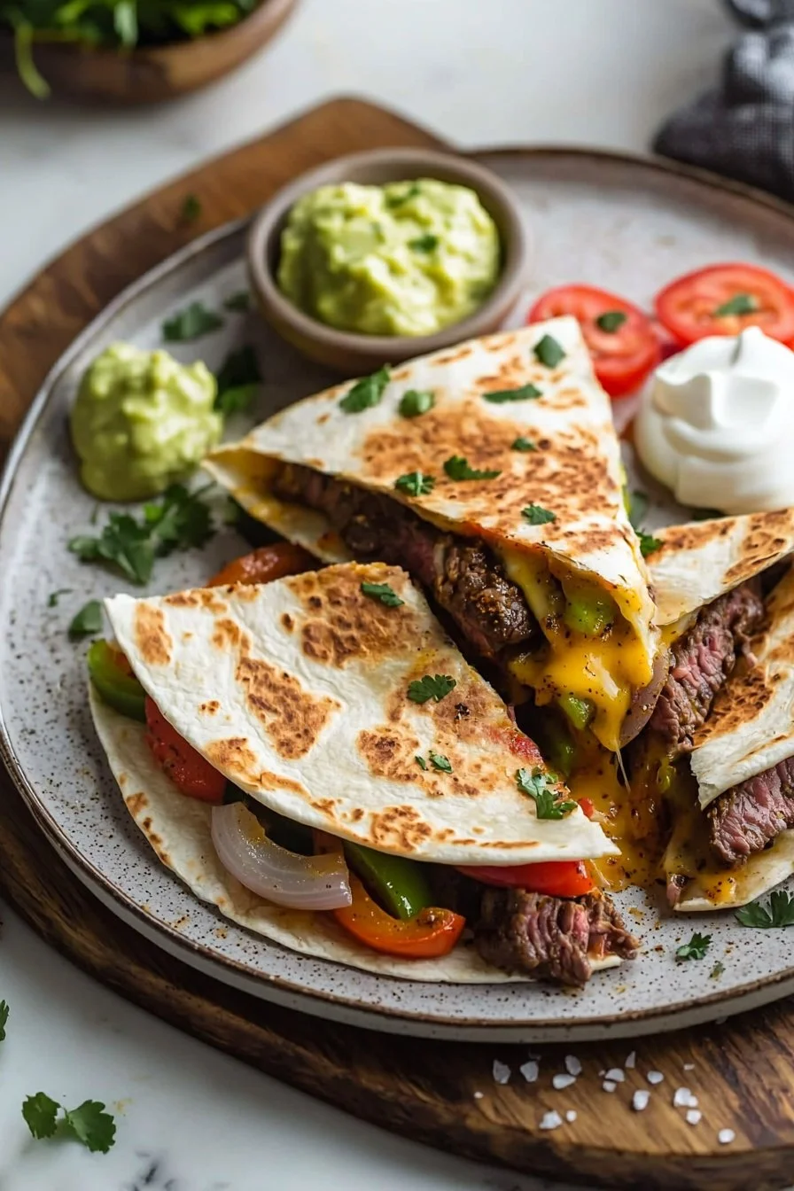 Delicious Steak Fajita Quesadillas served with toppings