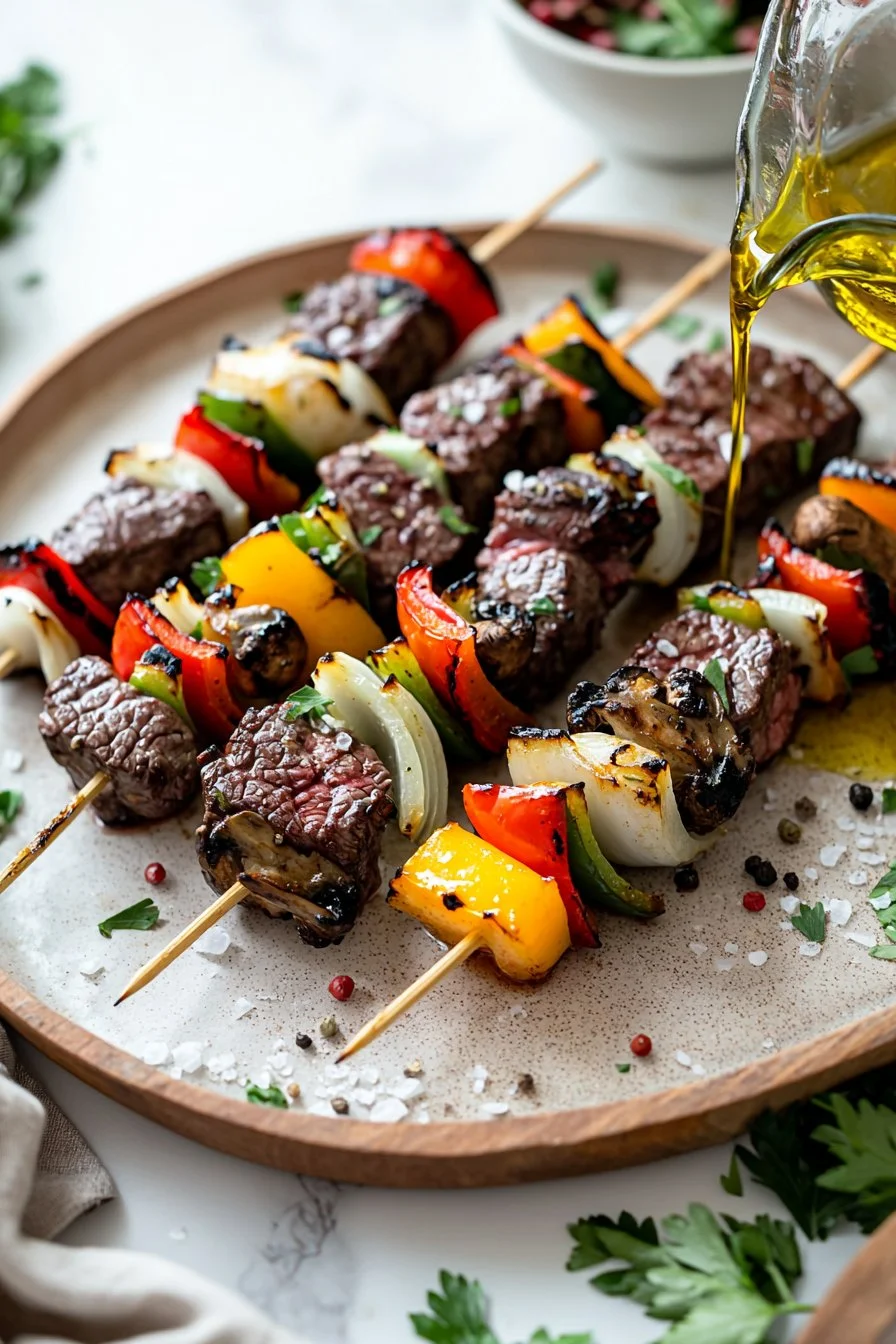 Delicious grilled steak kabobs with colorful vegetables on a skewer