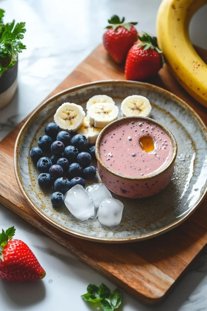 Strawberry blueberry banana smoothie in a glass with fresh fruits