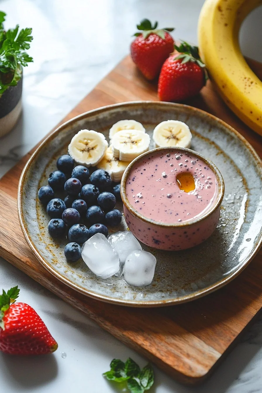 Strawberry blueberry banana smoothie in a glass with fresh fruits