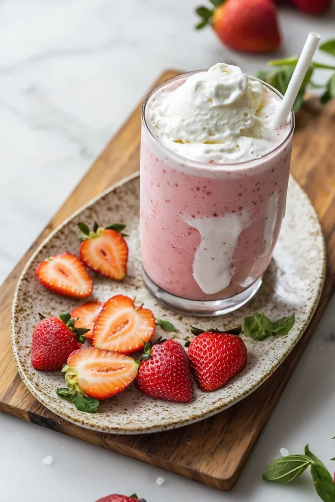 Strawberry Cheesecake Milkshake topped with whipped cream and fresh strawberries