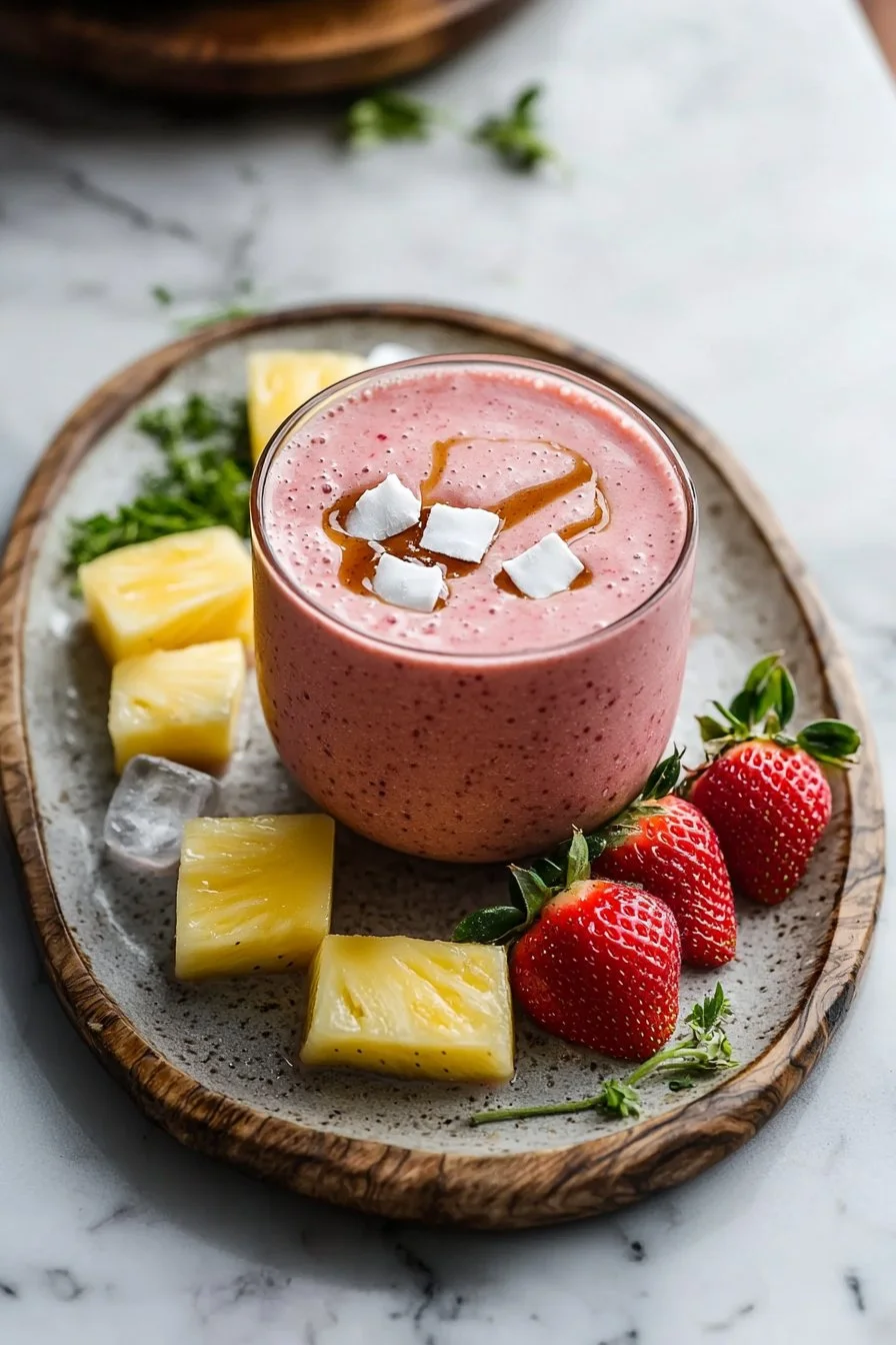 Strawberry coconut pineapple smoothie in a glass with tropical garnish