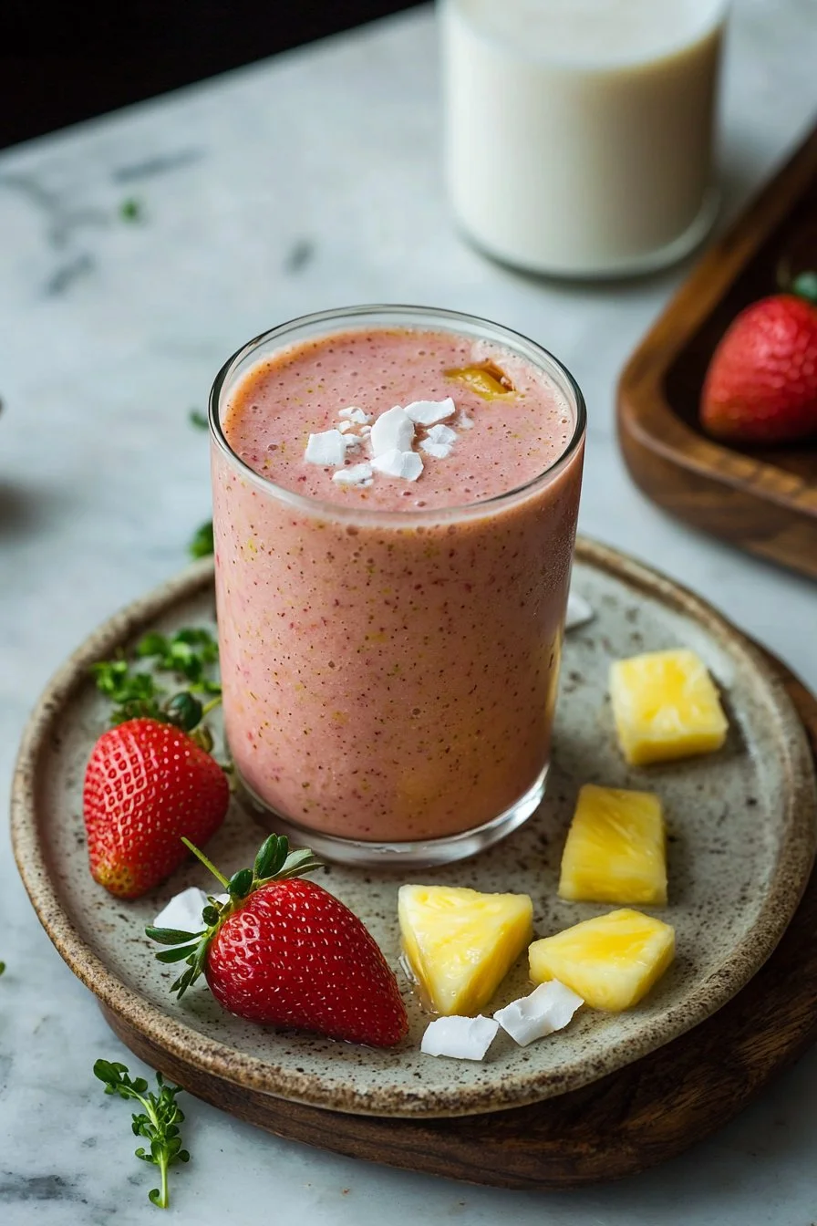 Strawberry Coconut Pineapple Smoothie served in a glass with fresh fruits