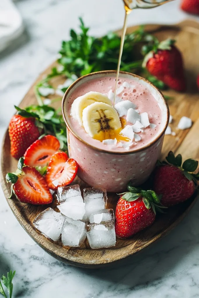 Delicious and refreshing strawberry coconut smoothie served in a glass