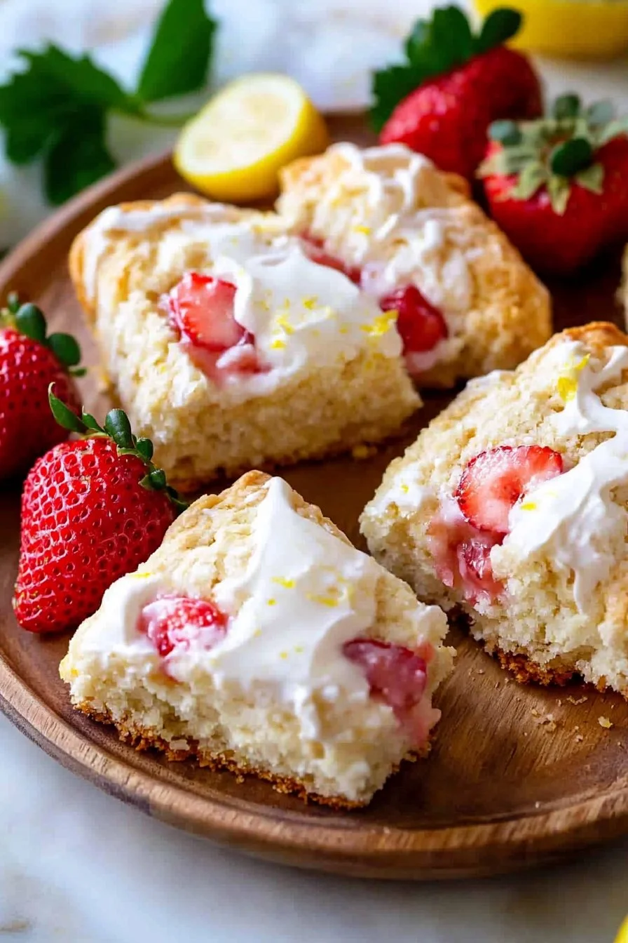 Strawberry lemon cream scones served on a plate with fresh strawberries