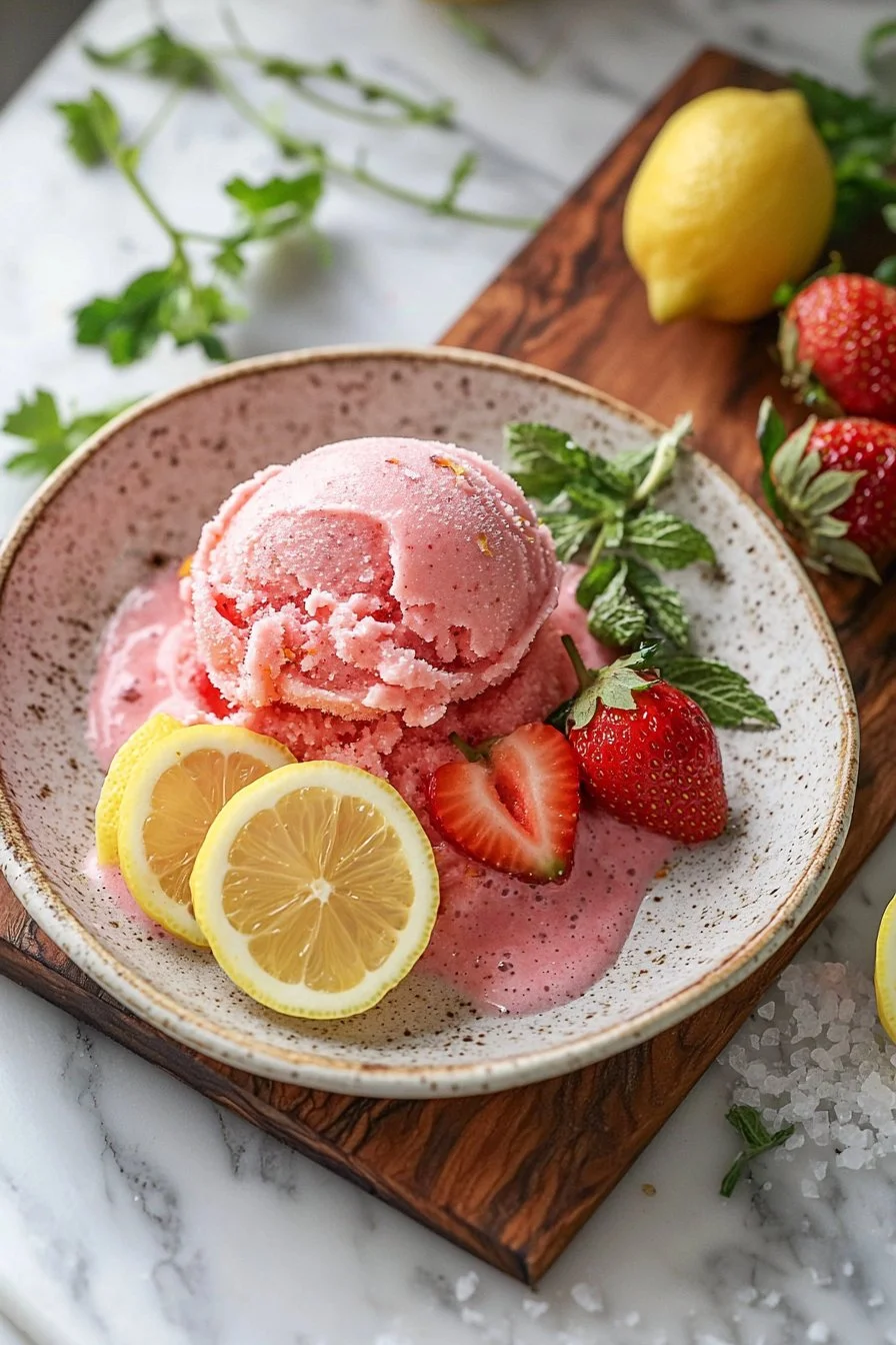 Bowl of vibrant strawberry lemon sorbet with fresh fruit garnish
