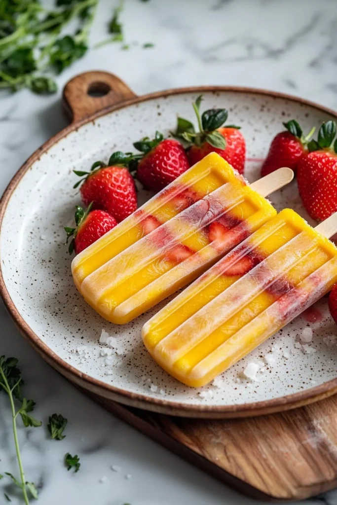 Refreshing Strawberry Mango Popsicles in a clear dish with fresh fruit garnish.