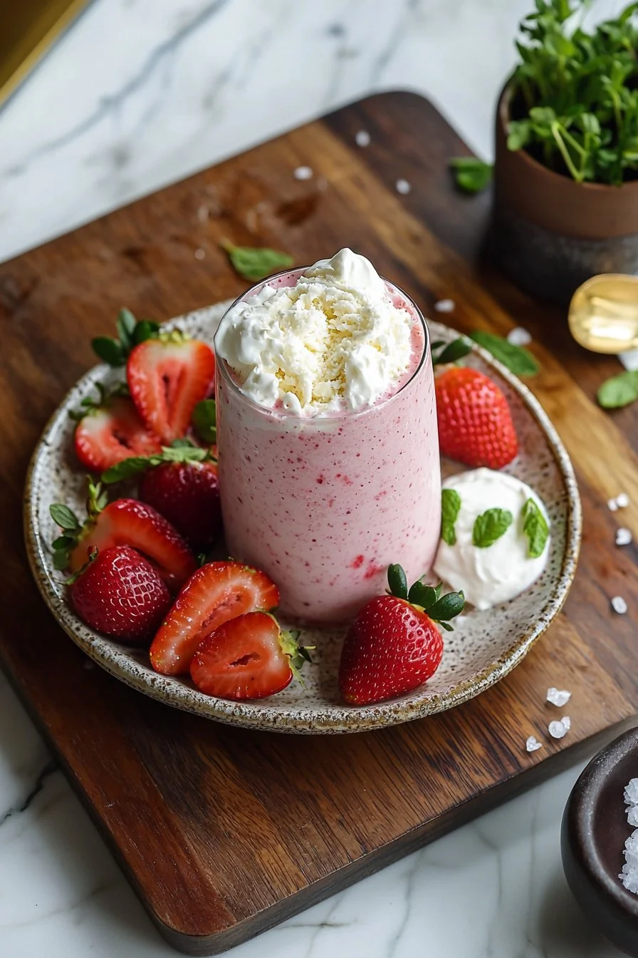 Delicious strawberry milkshake smoothie in a glass with fresh strawberries