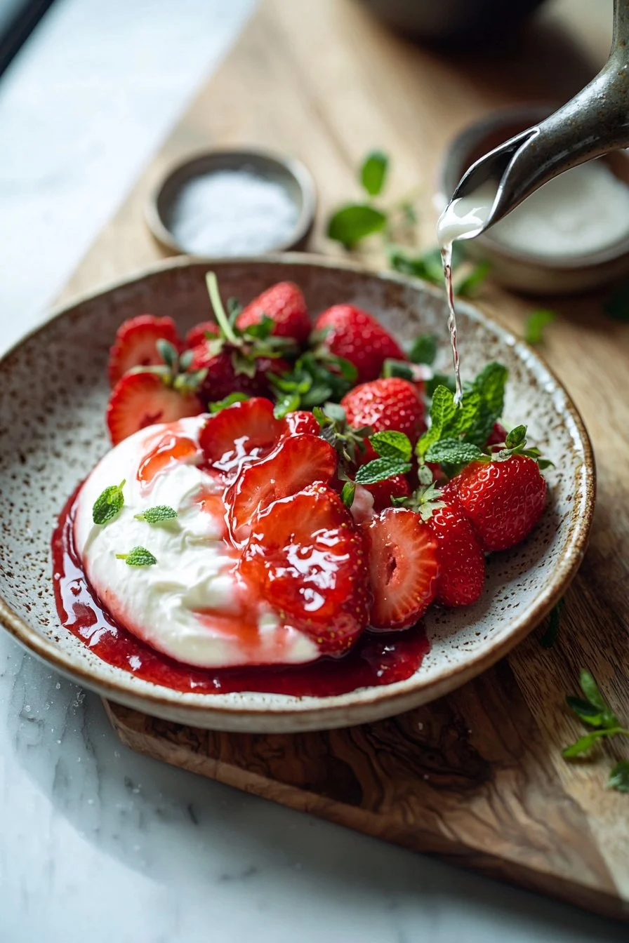 Delicious strawberry mousse dessert topped with fresh strawberries