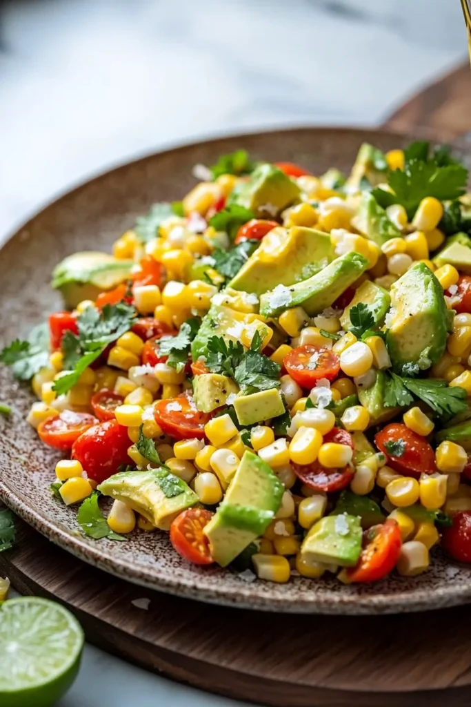 Bowl of summer corn salad with avocado, tomatoes, and herbs.