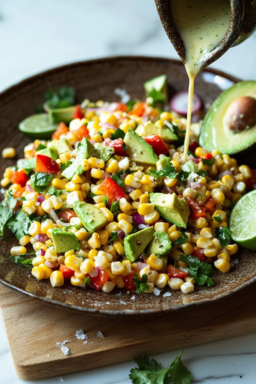Colorful summer corn salad with avocado and fresh ingredients
