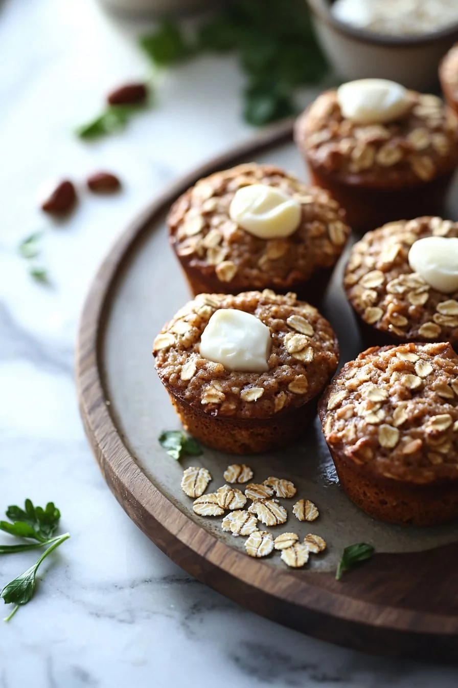 Delicious sweet oatmeal breakfast muffins on a rustic wooden table.