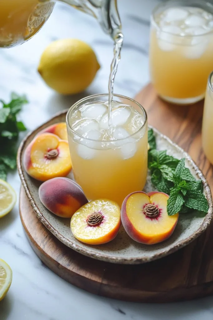 Glass of sweet peach lemonade with fresh peach slices and mint leaves