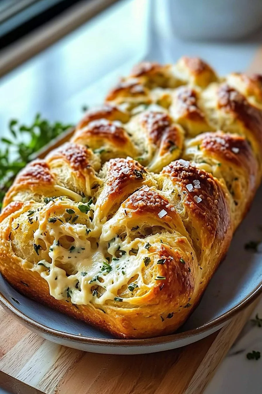 Swirled Garlic Herb and Cheese Bread with flavorful herbs and melted cheese.