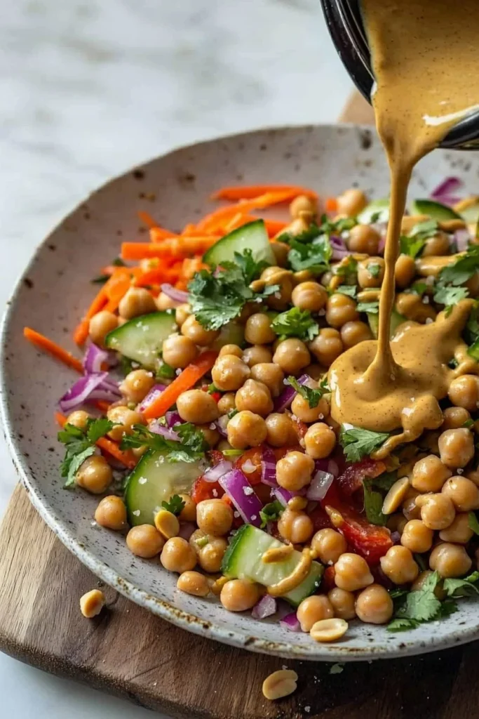 Colorful Thai chickpea salad topped with creamy curry peanut dressing