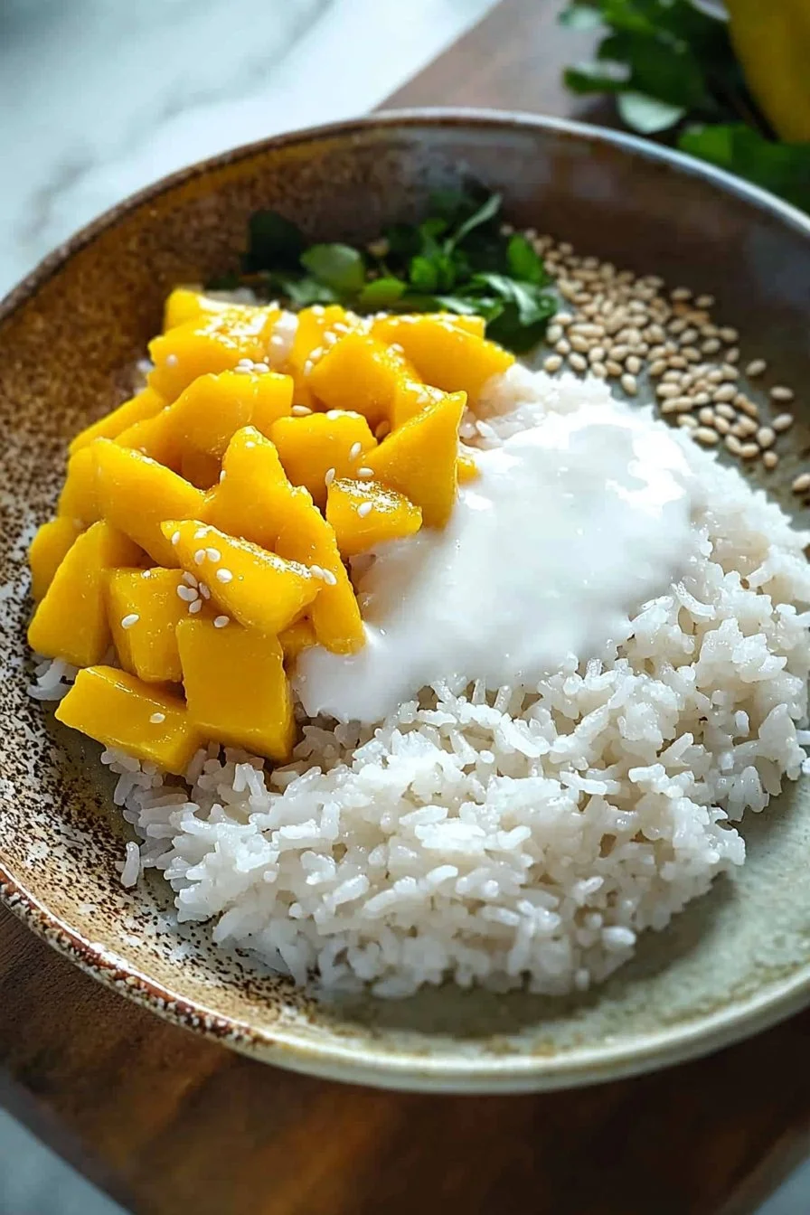 Delicious Thai mango sticky rice served with ripe mango slices and coconut sauce.