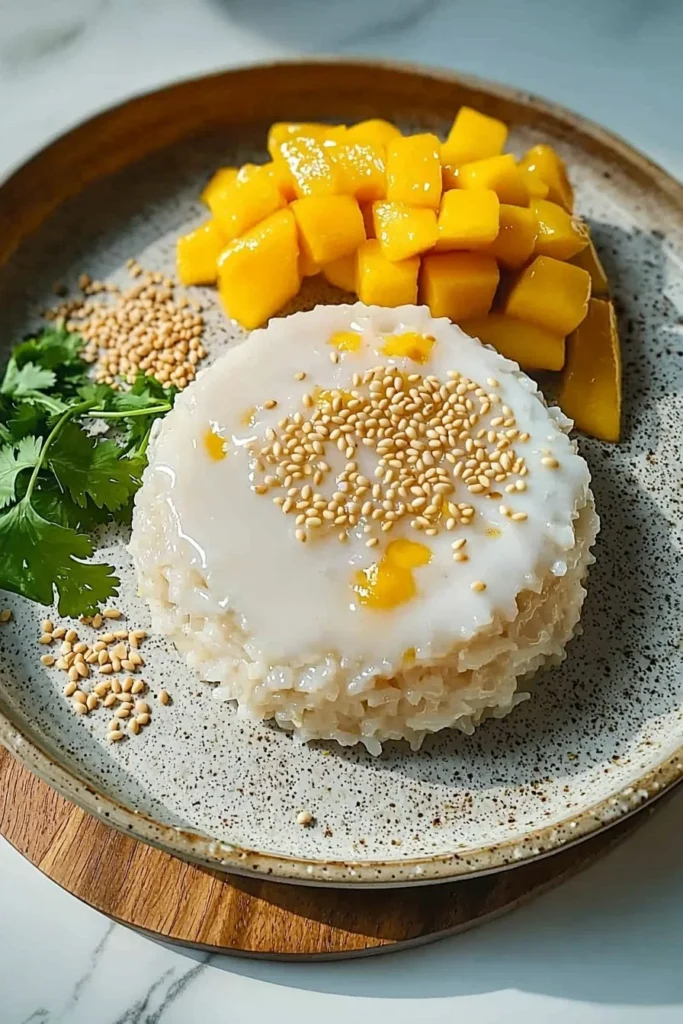 Delicious Thai mango sticky rice served with fresh mango slices