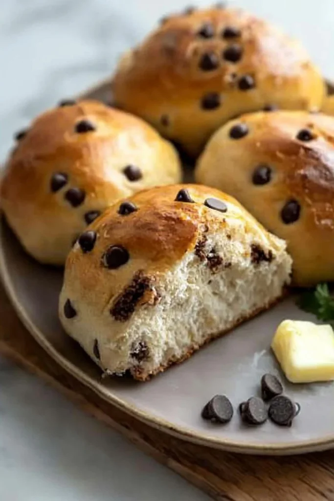 Freshly baked chocolate chip milk buns on a wooden table