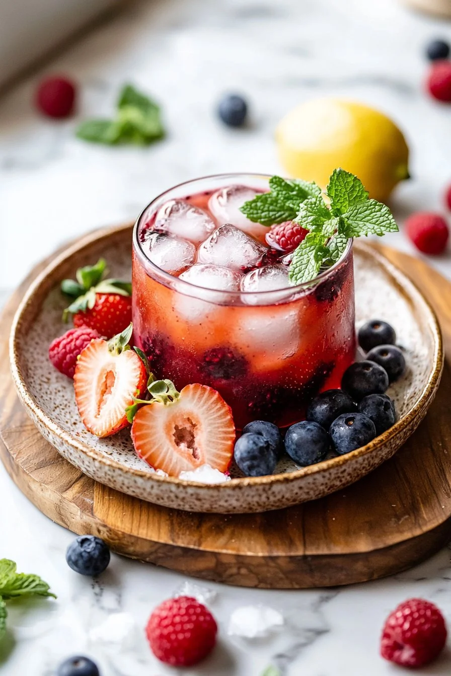 A refreshing glass of Triple Berry Lemonade with assorted berries on the side.