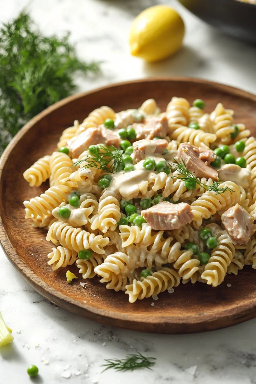 Bowl of Tuna Pasta Salad with Peas, fresh ingredients, and vibrant colors