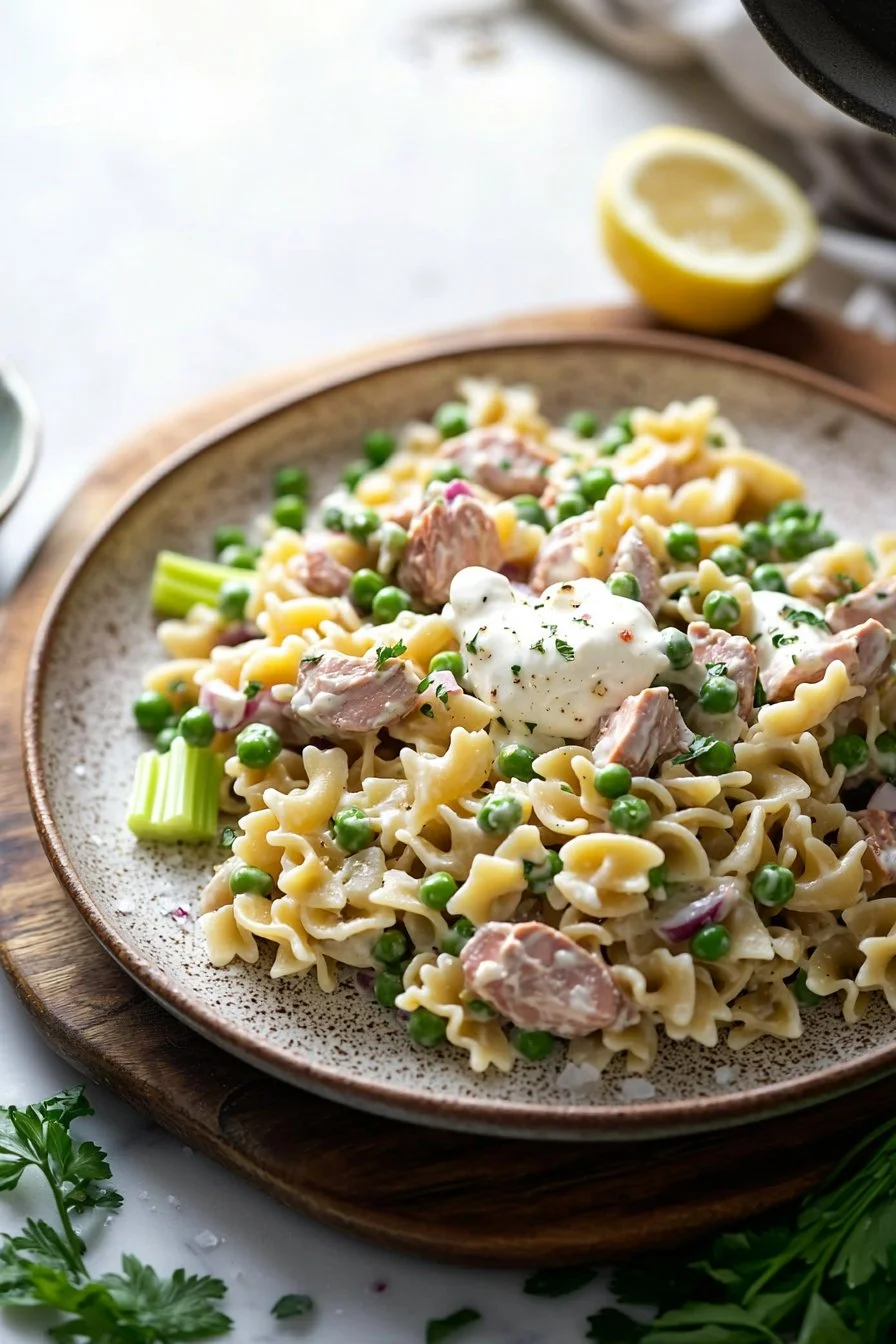 Delicious Tuna Pasta Salad with Peas served in a bowl