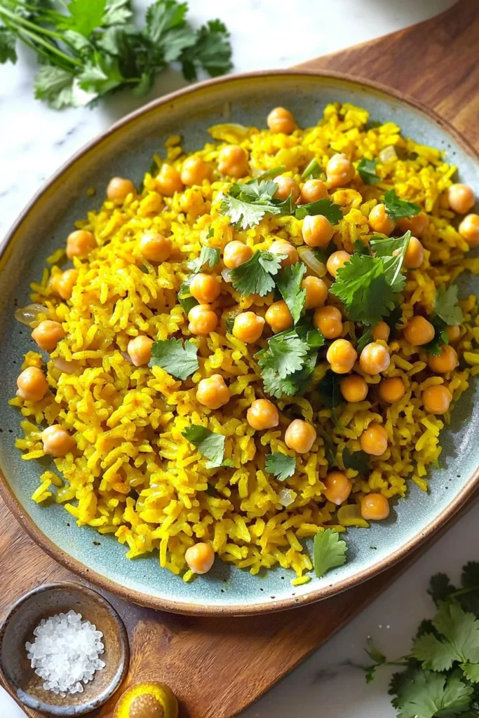 Bowl of Turmeric Rice and Chickpeas garnished with green herbs