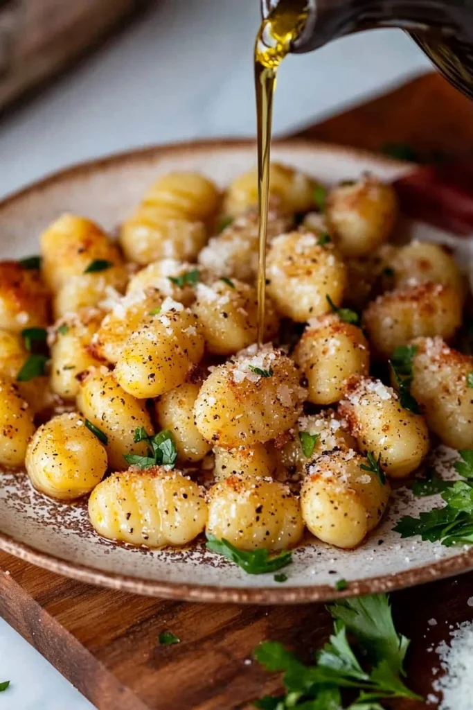 Ultimate air fryer gnocchi served with fresh herbs and sauce