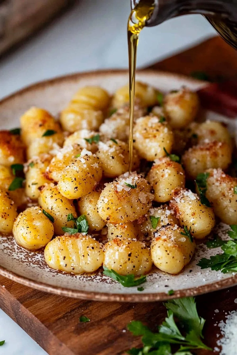 Ultimate air fryer gnocchi served with fresh herbs and sauce