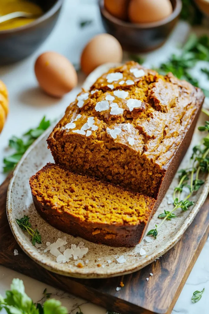 Delicious slice of ultimate pumpkin bread topped with cinnamon and nuts