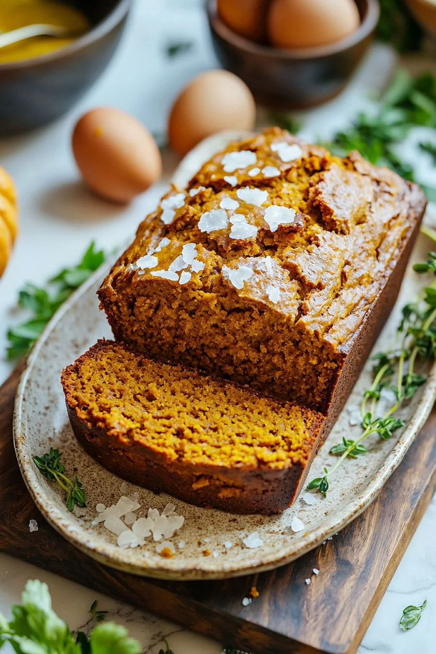 Delicious slice of ultimate pumpkin bread topped with cinnamon and nuts